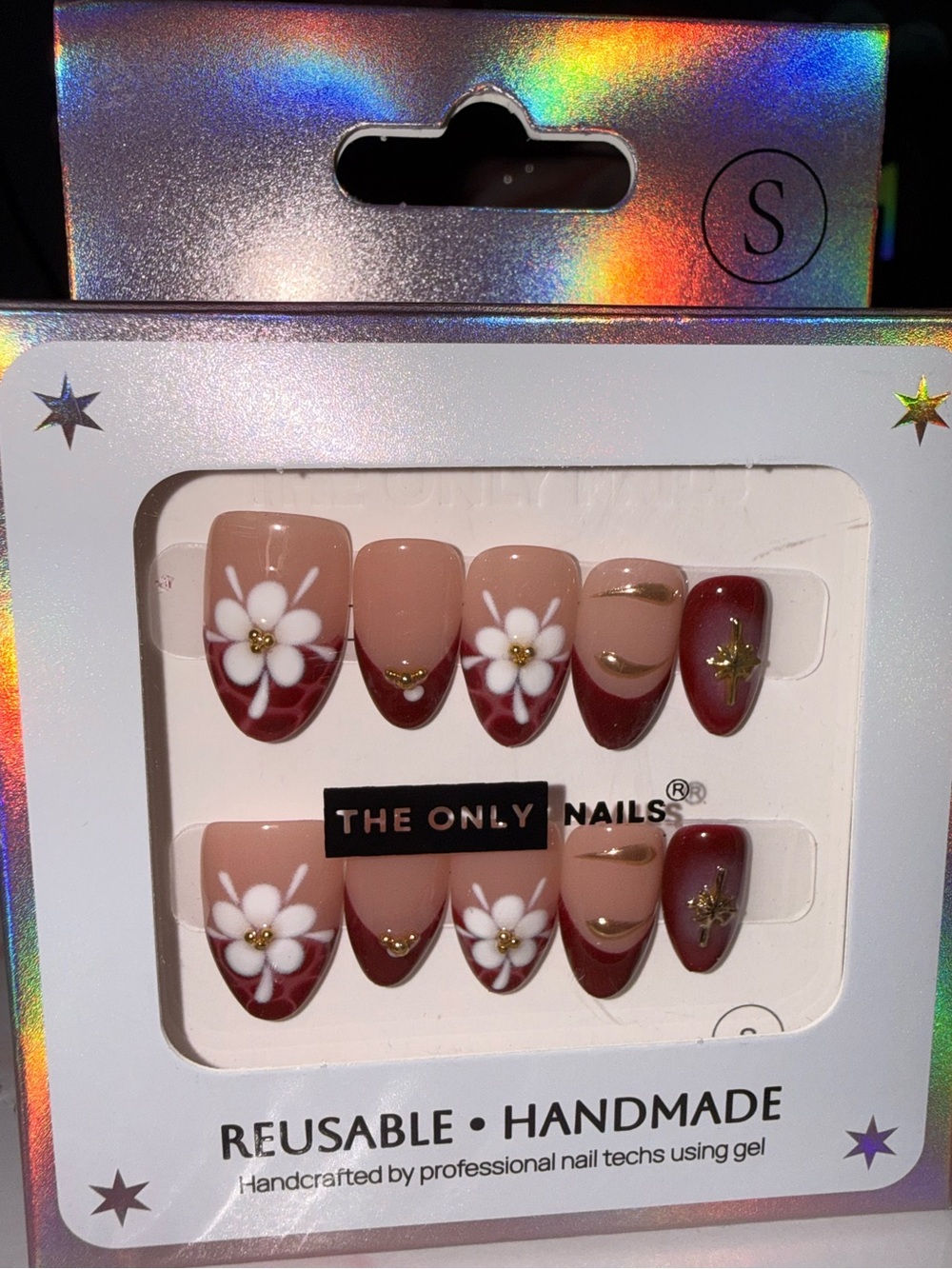 The Only Nails Reusable Handmade Floral Burgundy Press-On Nails